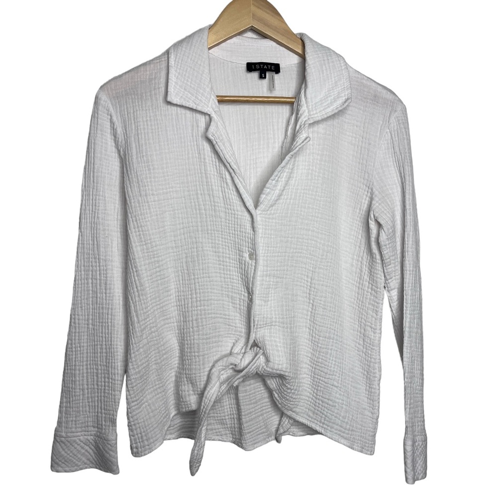 1.STATE White Tie-Front Button Up Gauzy Top - Picture 4 of 8